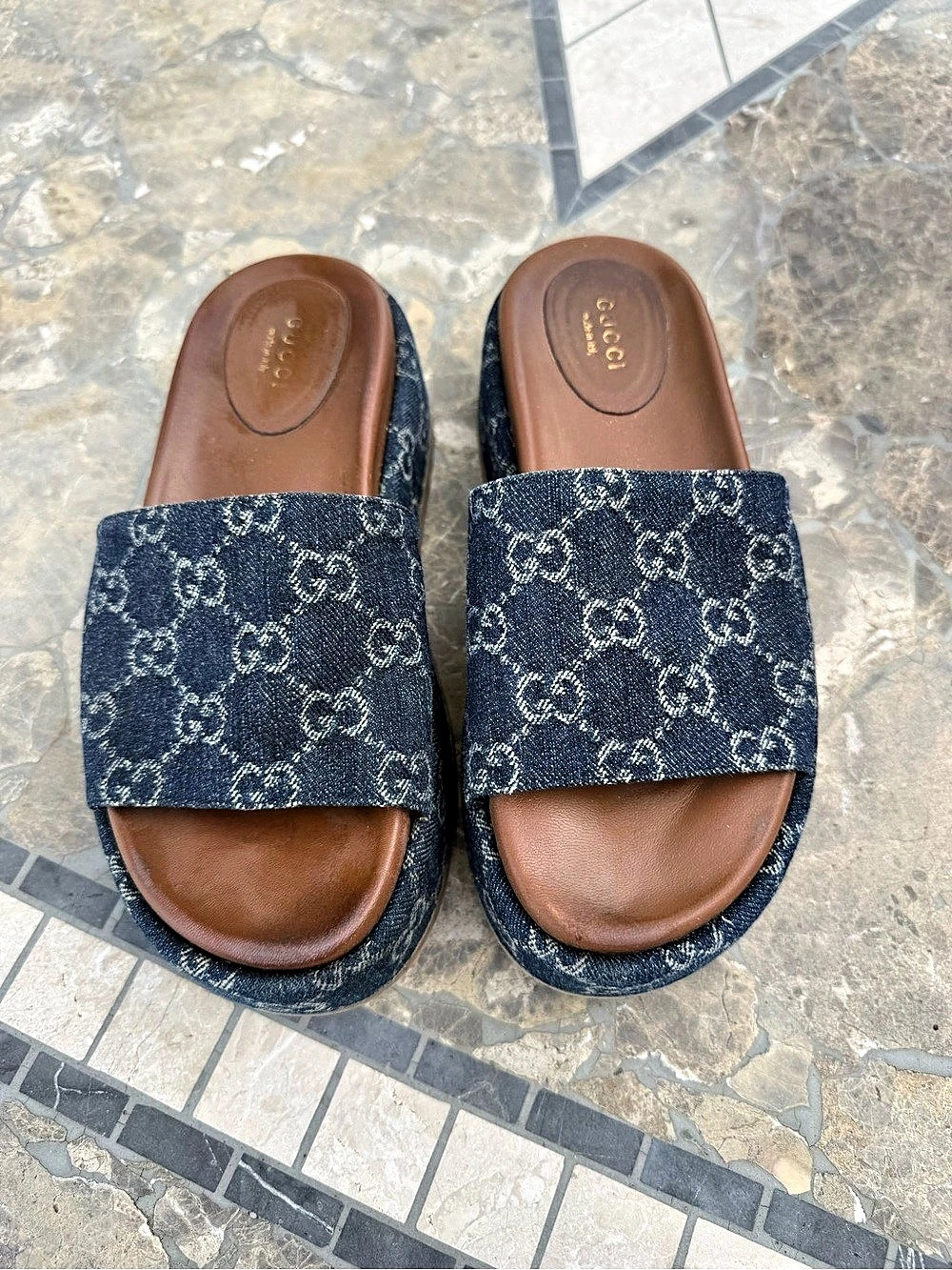 Gucci Women's Platform Slide Sandal Allover GG Denim GG Denim Slide Sandals